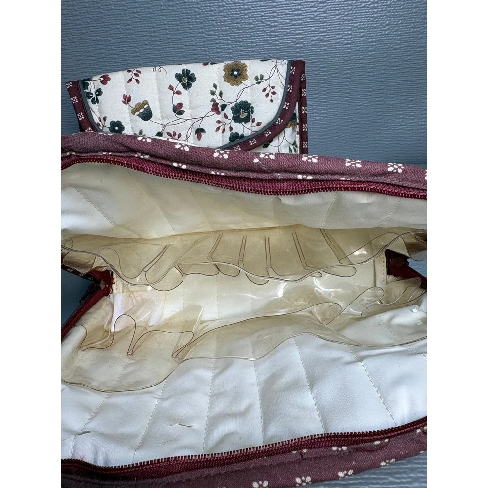Totes Vintage Style Quilted Floral‎ Makeup Bag & Mirror Pouch Set Cream Burgundy